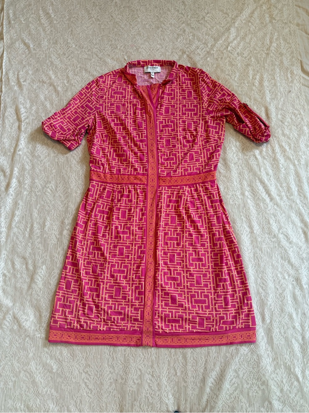 Elizabeth McKay geometric pink roll tab sleeve mini dress